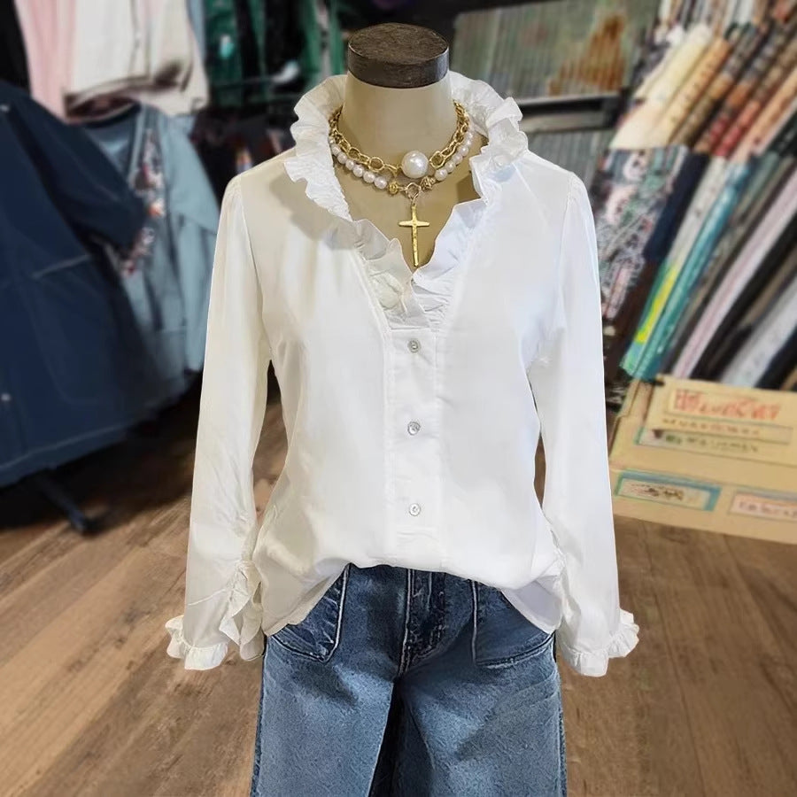 Elegant Ruffle Neck Button Up Long Sleeve Blouse