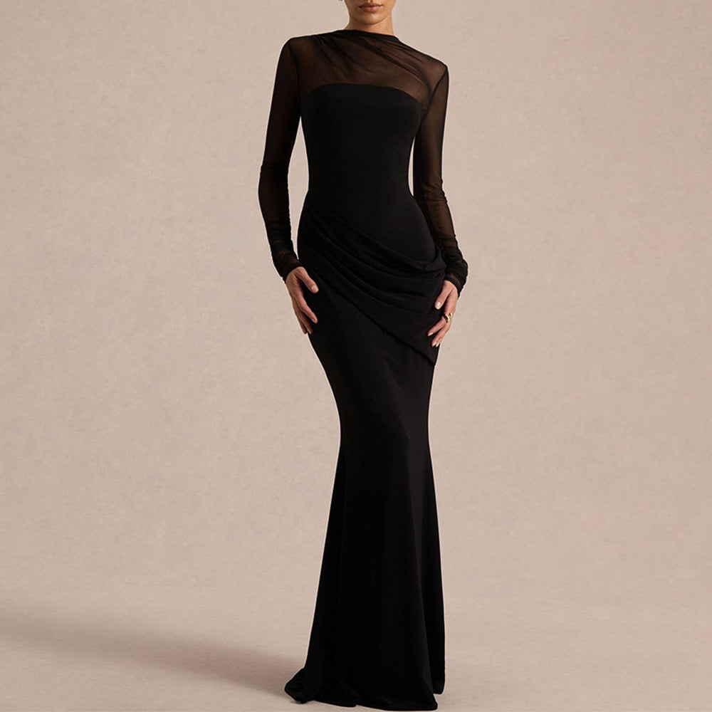 High-Neck Sheer-Sleeve Ruched Maxi Dress