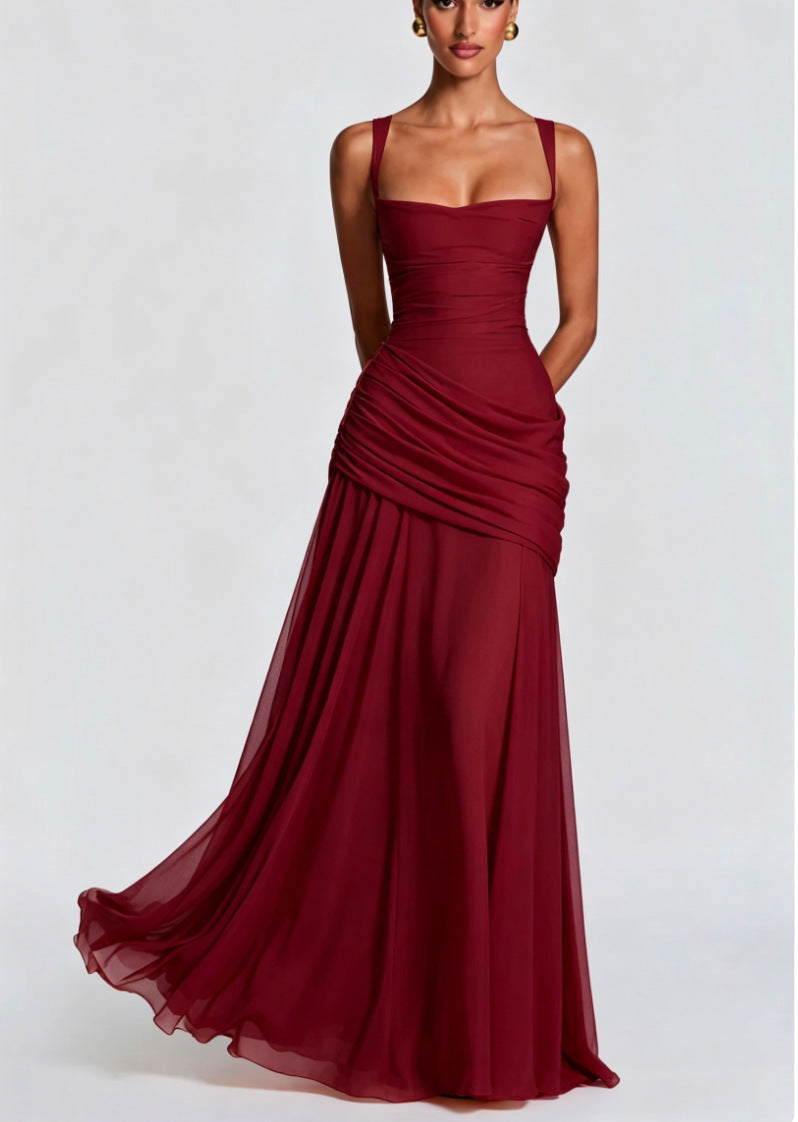 Square-Neck Ruched-Waist Maxi Dress