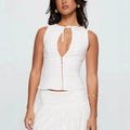White Sleeveless Cutout Tie-Waist Button-Front Top