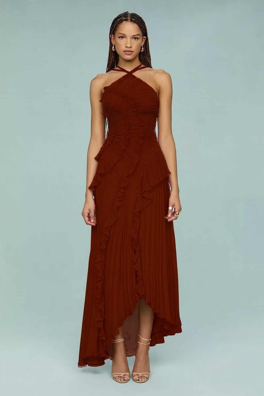 Ruched Ruffle Chiffon Midi Dress