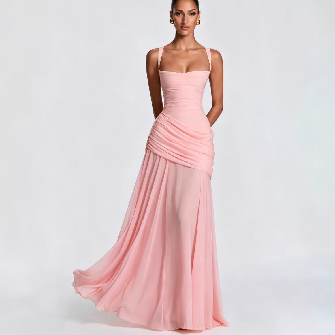 Square-Neck Ruched-Waist Maxi Dress