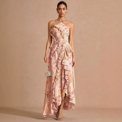 Ruched Ruffle Chiffon Midi Dress