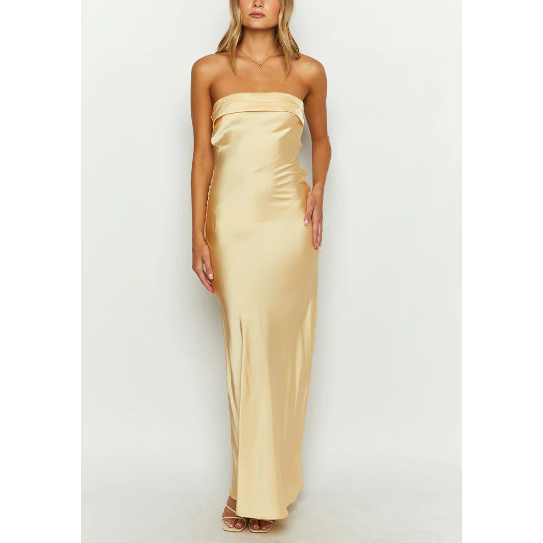 Strapless Ruched Satin-Finish Maxi Dress