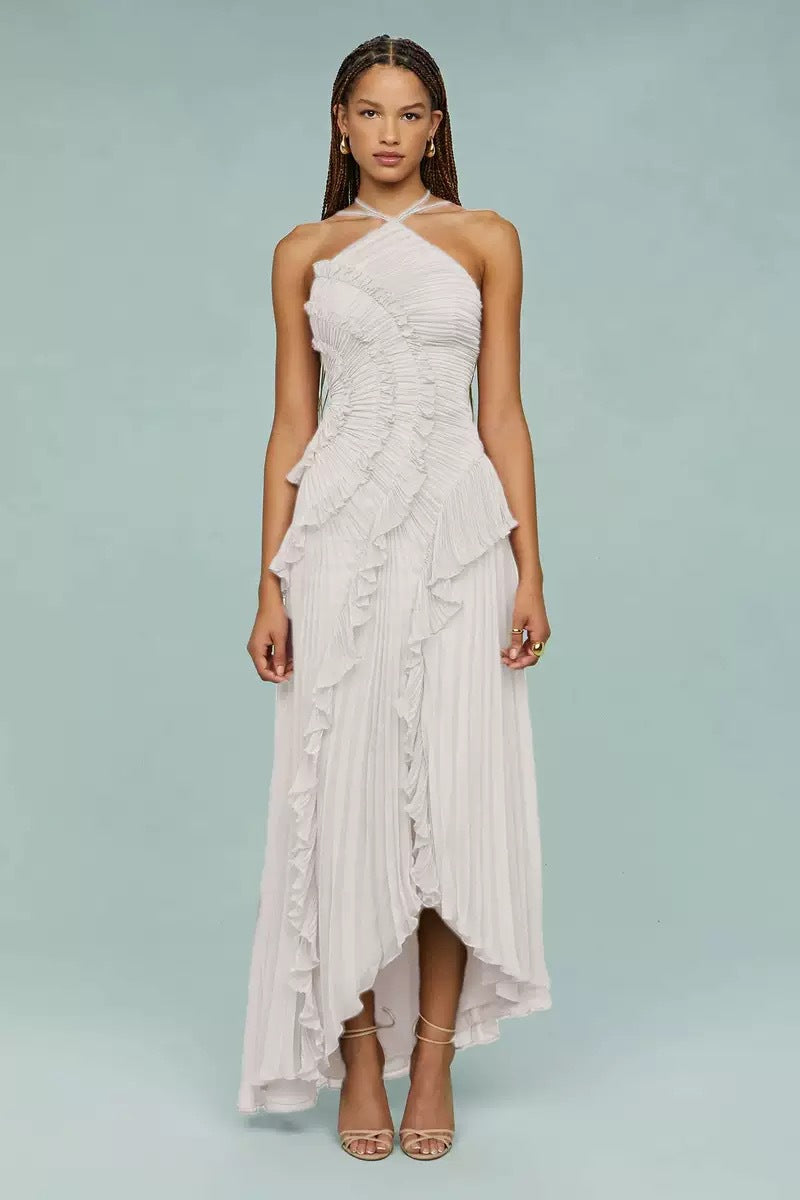 Ruched Ruffle Chiffon Midi Dress