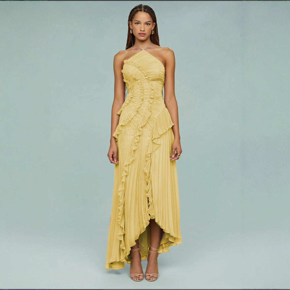 Ruched Ruffle Chiffon Midi Dress