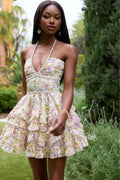 Printed Beaded Halter Dress with Full Skirt