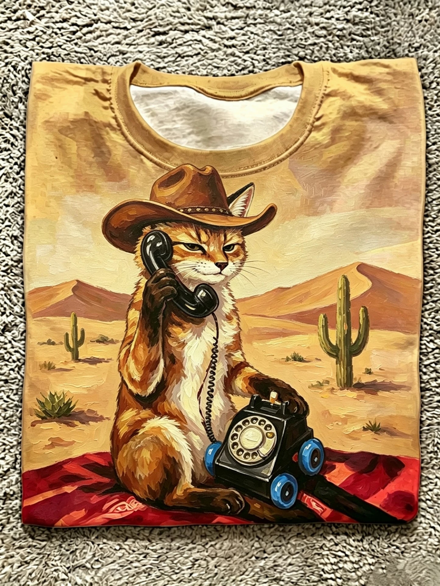 Oil Painting Style Cowboy Hat Orange Cat On Phone Desert Cactus Khaki Crew Neck Tee
