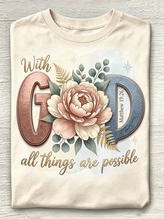 Women Crew Neck Short Sleeve Christian Floral Bible Verse Graphic Casual T-Shirt