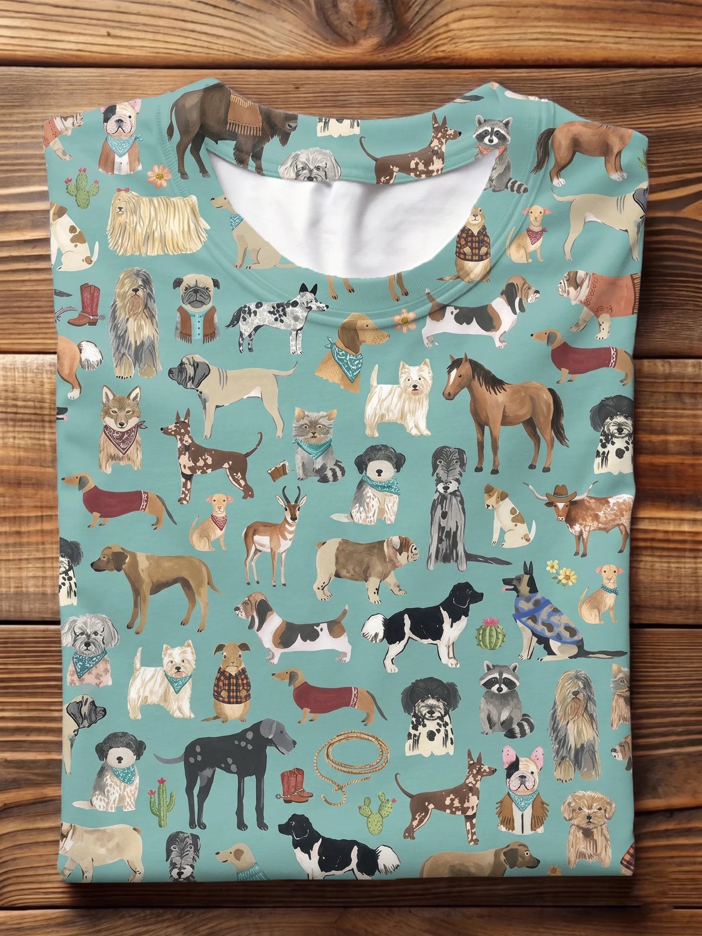 Mint Green Western Ranch Dogs & Wild Animals All Over Print Crew Neck T-shirt