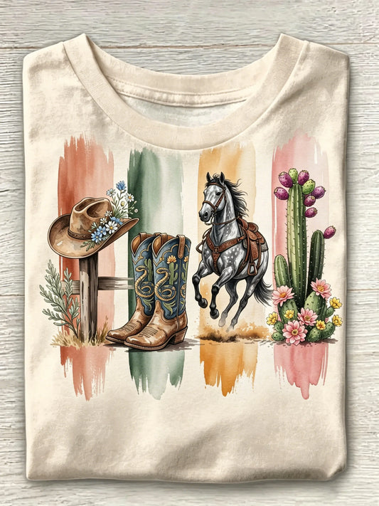 Western Cowboy Horse Cactus Watercolor Print Crew Neck Short Sleeve Casual T-Shirt