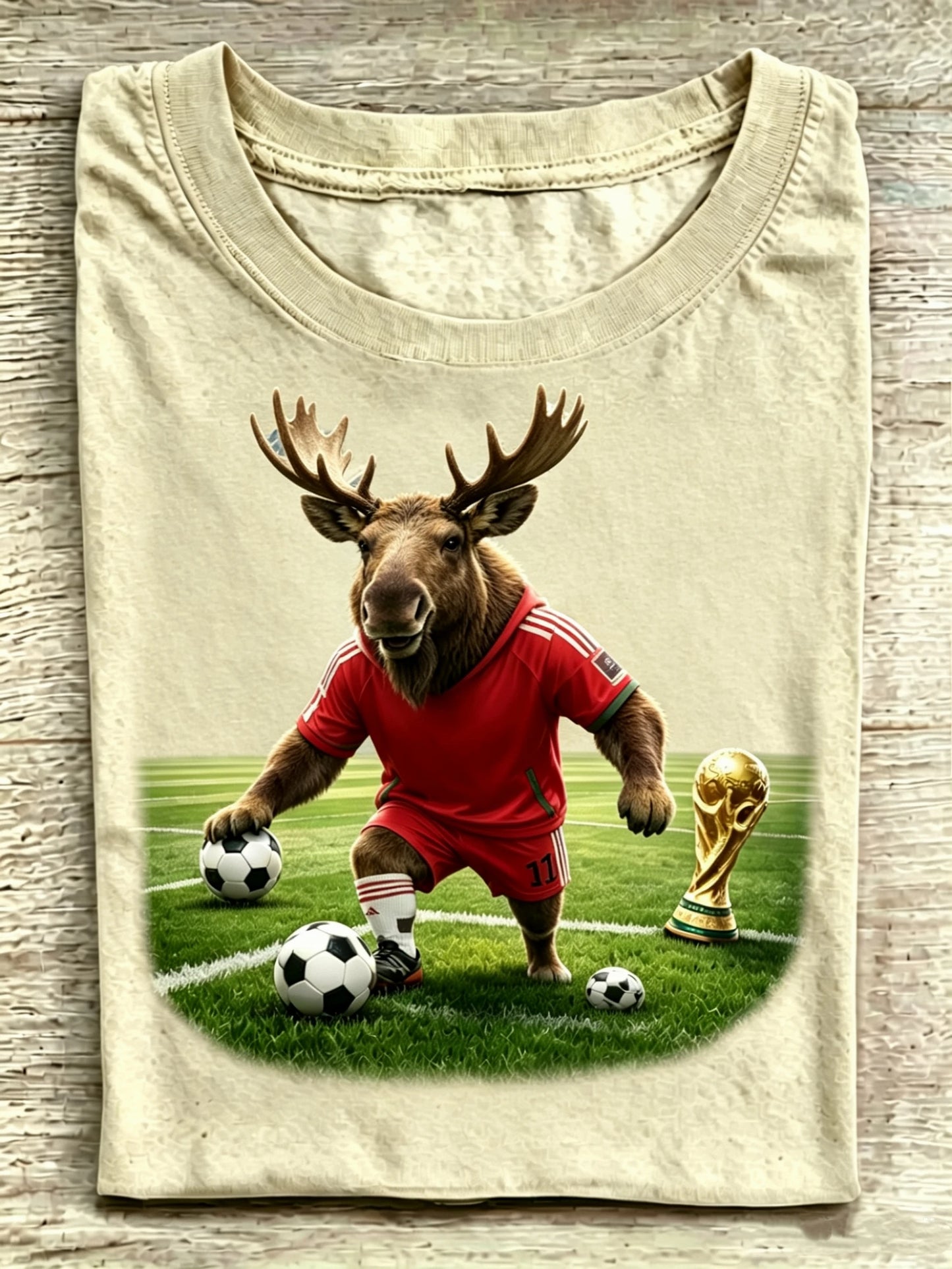 Moose In Red Soccer Jersey World Cup Trophy Grass Field Khaki Crew Neck Tee