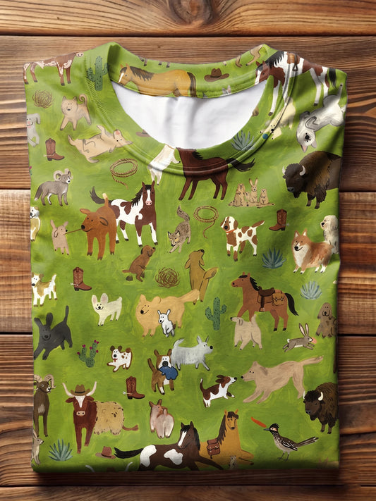 Grass Green Cartoon Western Ranch Animals All Over Print Crew Neck T-shirt