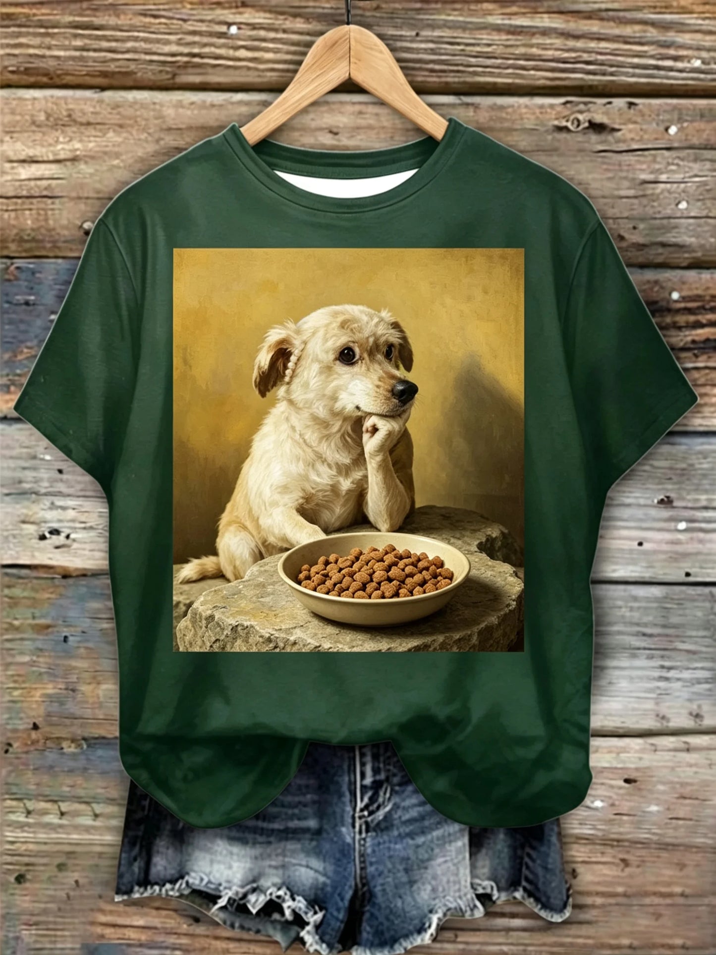 Vintage Oil Painting Thinking Puppy Print Dark Green Short Sleeve T-shirt