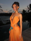 Orange Halter Deep V Neck Backless Waist Gem-Embellished Chiffon Train Vacation Maxi Dress_orange /