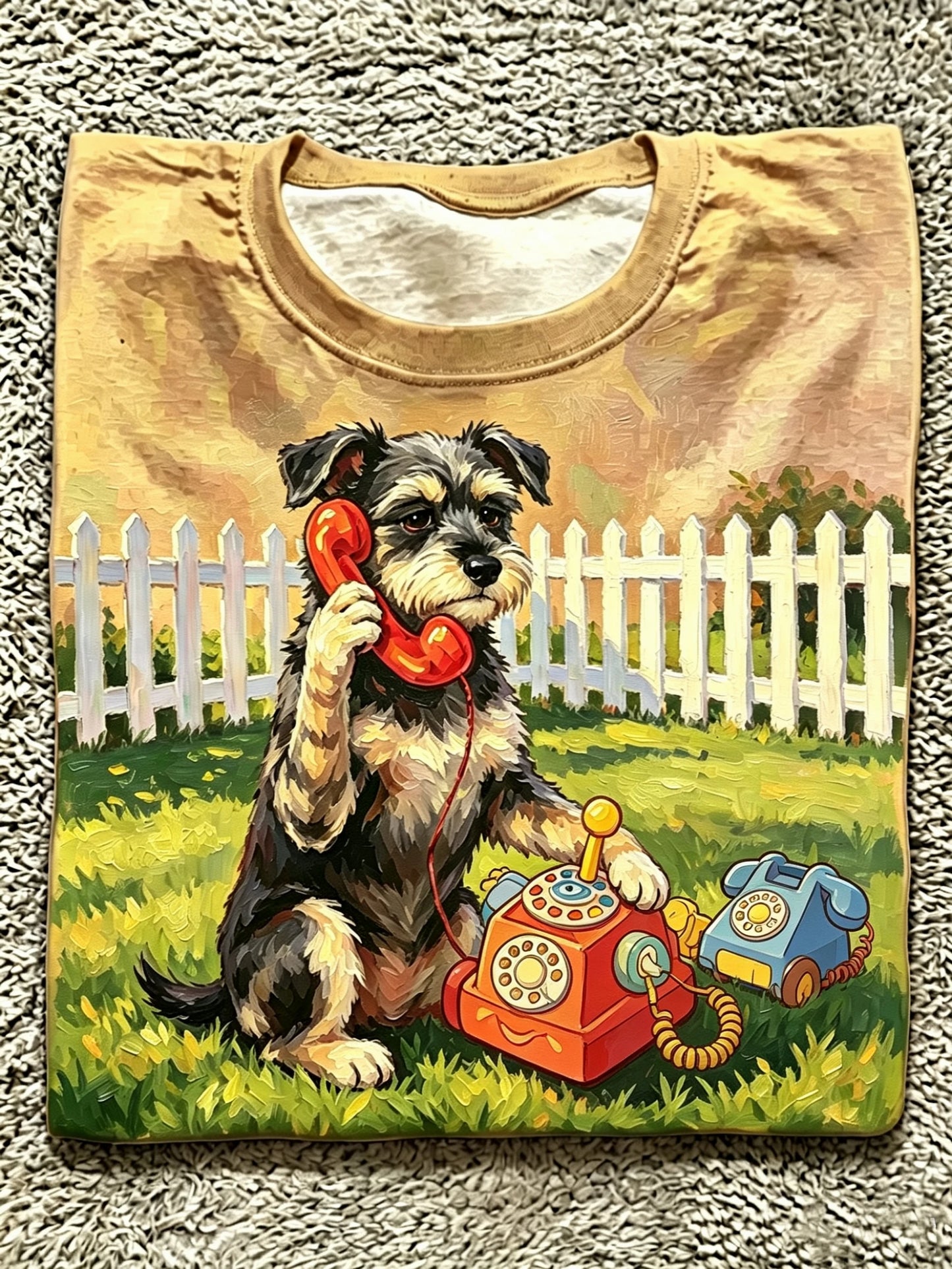 Oil Painting Style Schnauzer On Phone Vintage Toy Telephone Khaki Crew Neck Tee