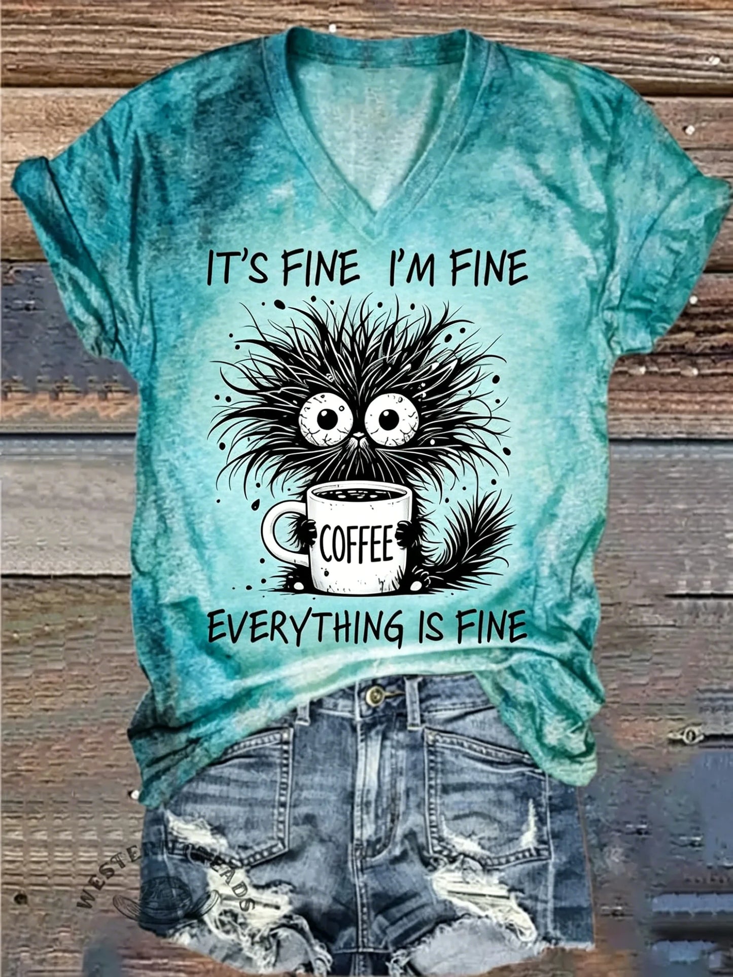 Women V Neck Tie Dye Funny Animal Slogan Graphic Casual Short Sleeve T-Shirt