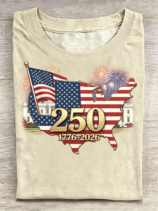 USA Map Flag White House 250th Anniversary Firework Print Crew Neck Tee