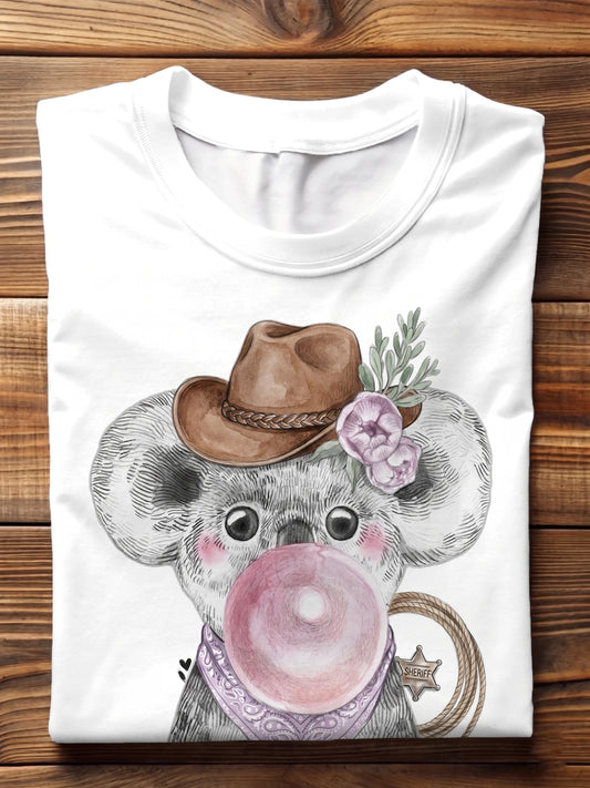 Watercolor Western Cowboy Koala Blowing Bubble Gum Crew Neck T-shirt