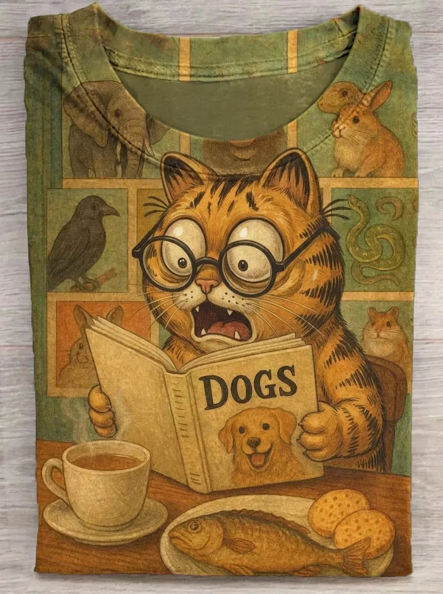Vintage Cartoon Tabby Cat Reading Book "DOGS" Graphic Crew Neck T-Shirt, Funny Animal Lover Retro Short Sleeve Tee