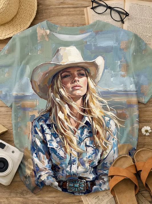 Sage Green Impasto Oil Painting Blonde Cowgirl Print Crew Neck Short Sleeve T-shirt