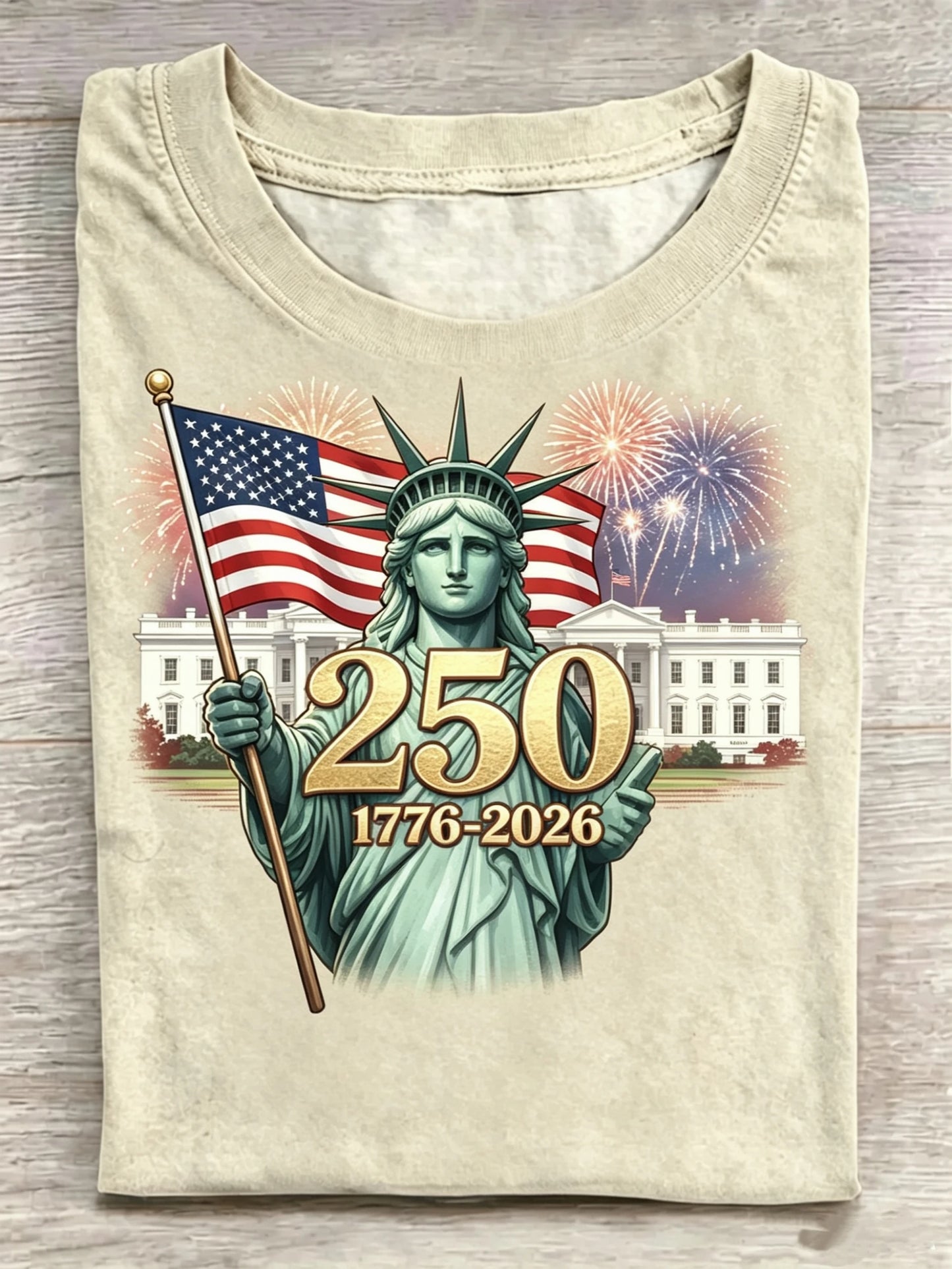 Statue of Liberty White House USA Flag 250th Anniversary Firework Print Crew Neck Tee