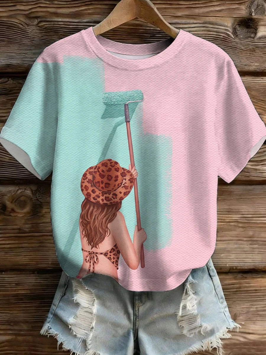 Pink Mint Color Block Leopard Bikini Cowboy Hat Girl Painting Back Print Crew Neck Short Sleeve T-shirt