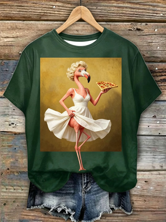 Monroe Style Flamingo Holding Pizza Vintage Oil Painting Short Sleeve Tee