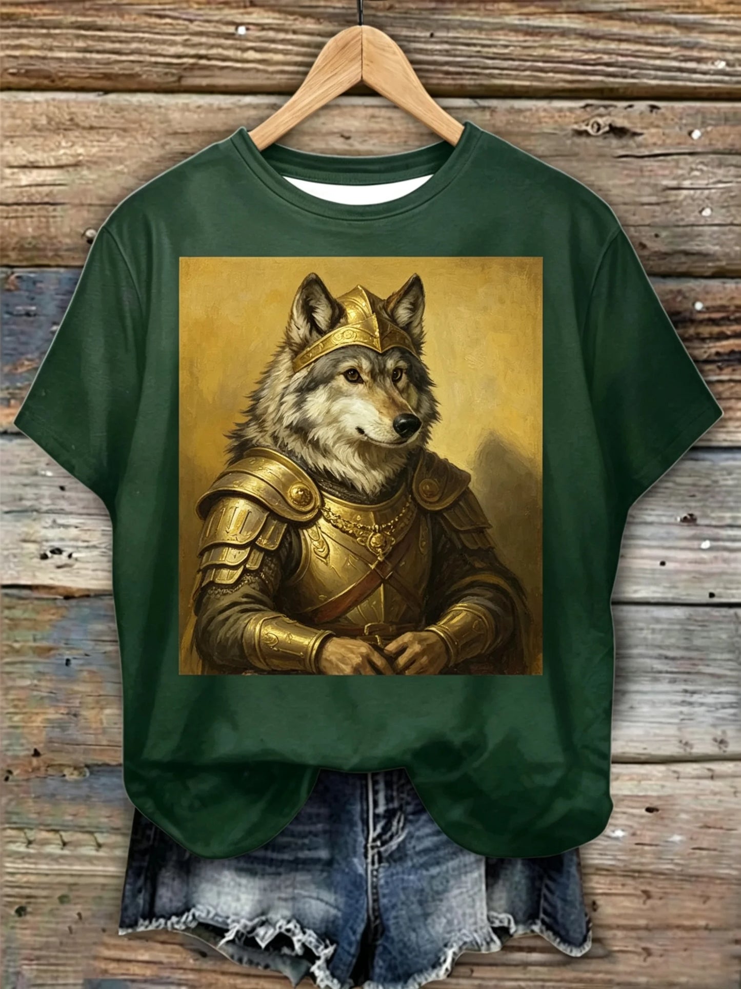 Vintage Oil Painting Golden Armor Wolf Print Dark Green Short Sleeve Tee