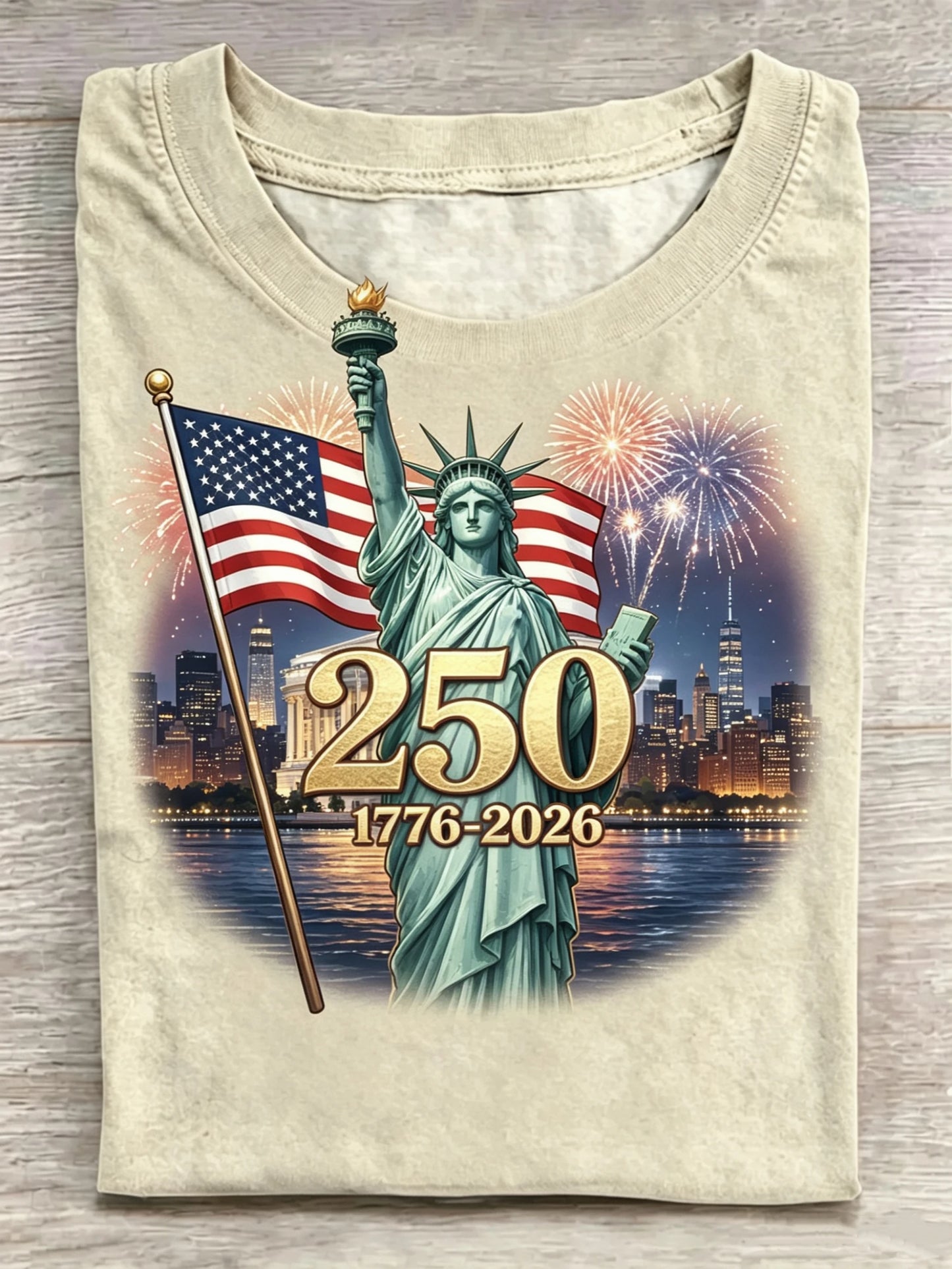 Statue Of Liberty USA Flag Firework 250th Anniversary Crew Neck Tee