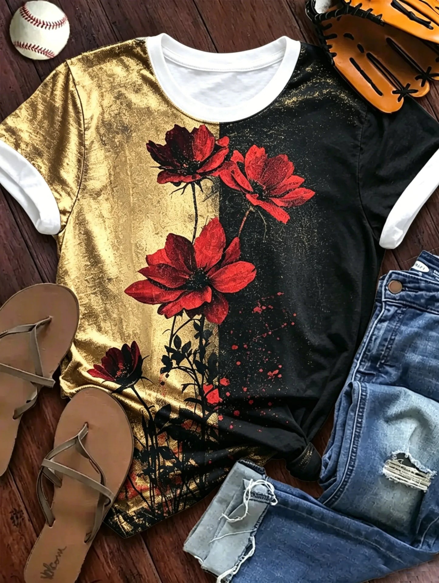 Gold Black Split Background Red Floral Graphic Crew Neck T-Shirt, Vintage Artistic Flower Print Short Sleeve Casual Tee