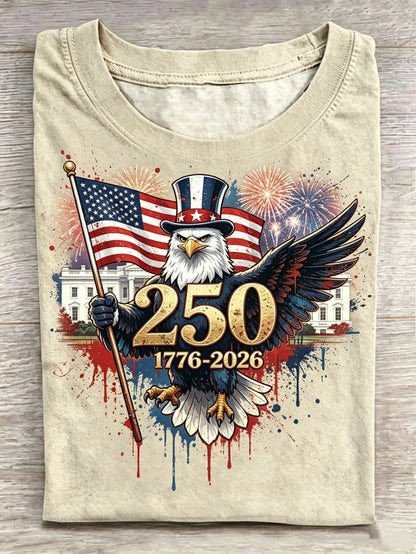 Bald Eagle Uncle Sam Hat USA Flag White House 250th Anniversary Splatter Print Crew Neck Tee
