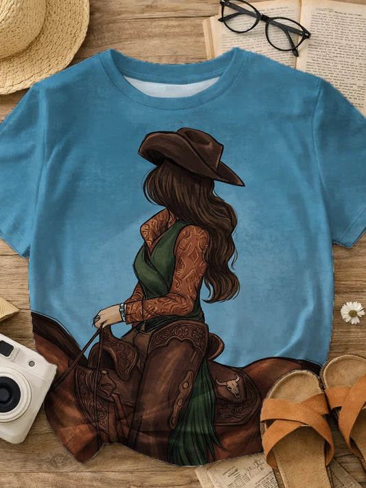 Lake Blue Vintage Side Profile Cowgirl Horse Riding Print Crew Neck Short Sleeve T-shirt