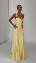 Butter Yellow Wide Strap Twist Knot Waist-Fitted Flowy Draped Evening Maxi Dress