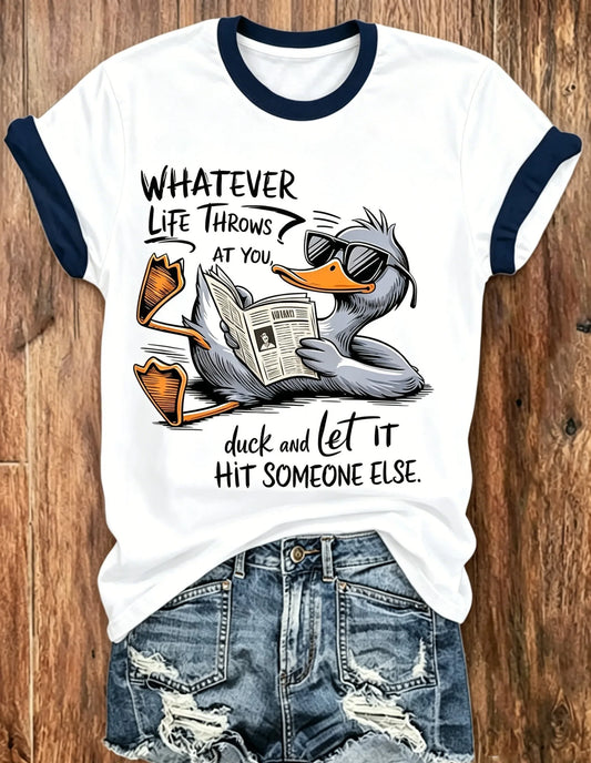 White & Navy Ringer Duck Graphic Funny Quote Short Sleeve T-Shirt
