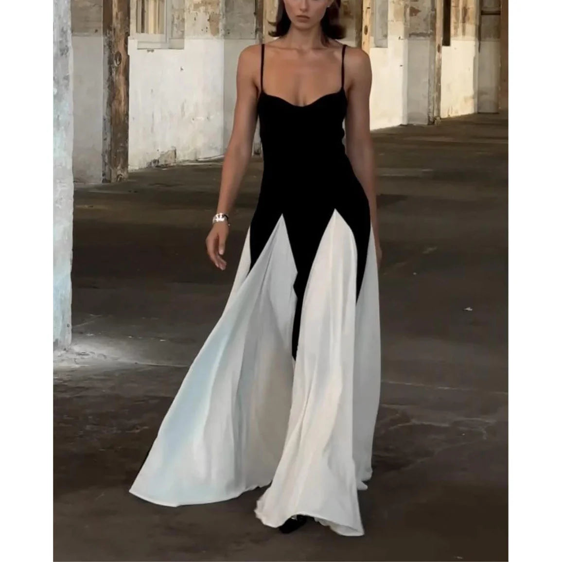 Mikydely-New sling contrasting color splicing off-shoulder dress slim long skirt