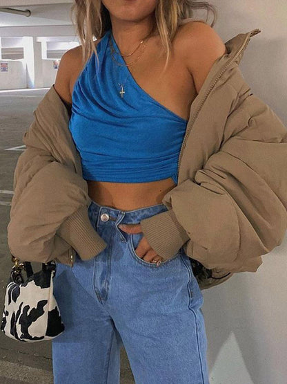 Cropped One-Shoulder Solid Color Wrap Tanks