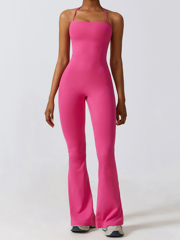 Flared Pants Skinny Leg Backless Detachable Solid Color Halter-Neck Jumpsuits