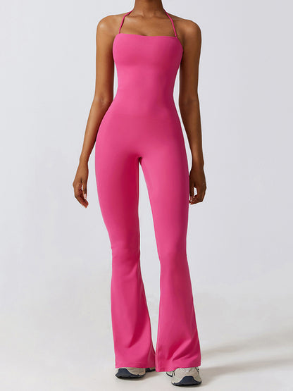 Flared Pants Skinny Leg Backless Detachable Solid Color Halter-Neck Jumpsuits