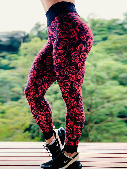 Red Rose Print Yoga Leggings