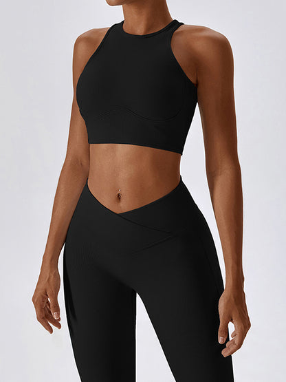 Cropped Skinny Hollow Solid Color Round-Neck Yoga Tops