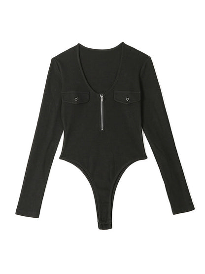 Solid Color Zipper Long Sleeves Bodysuits