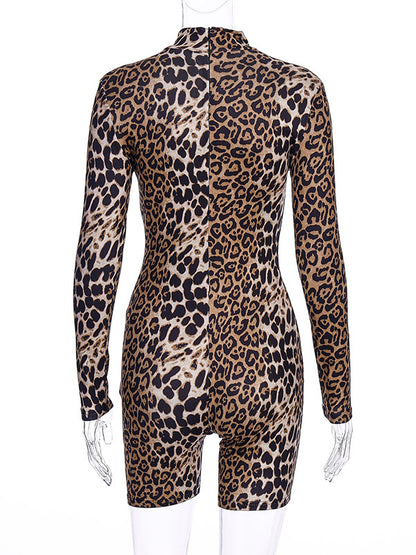 Long Sleeves Leopard Tiger Skin Pattern Zipper High-Neck Rompers