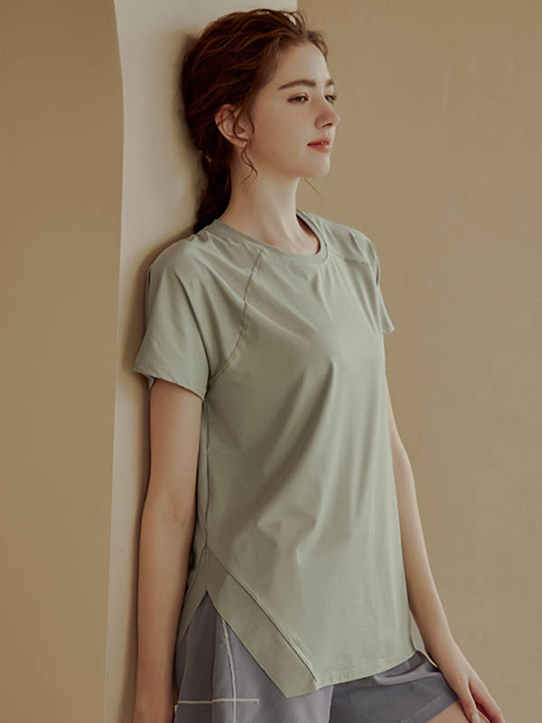 Loose Short Sleeves Solid Color Split-Side Round-Neck Yoga Tops