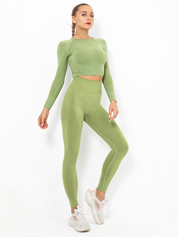 Seamless Knitting Long Sleeves Mdriff Baring Gym Suits