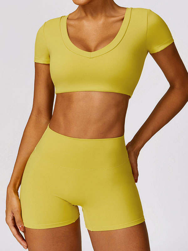 Long Sleeves Wrap Solid Color V-Neck Yoga Tops