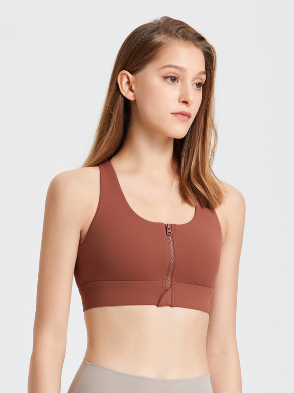 Skinny Wrap Solid Color Zipper Spaghetti-Neck Sports Bra