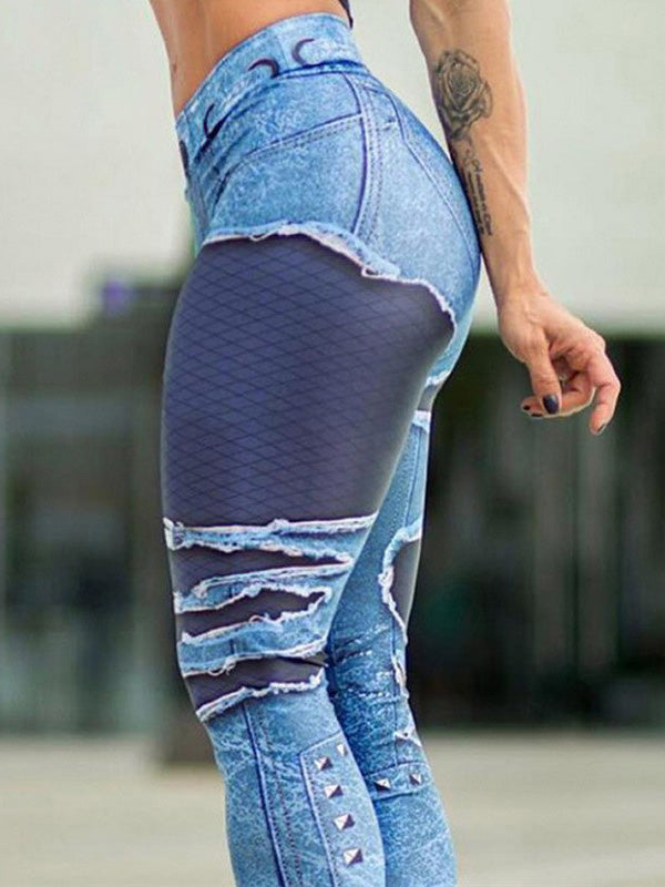 Hip-Lift Printed Denim Patchwork Sport Legging