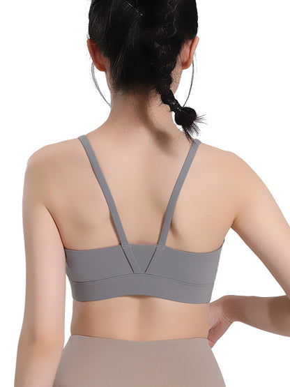 Skinny Wrap Hollow Solid Color V-Back Spaghetti-Neck Sports Bra