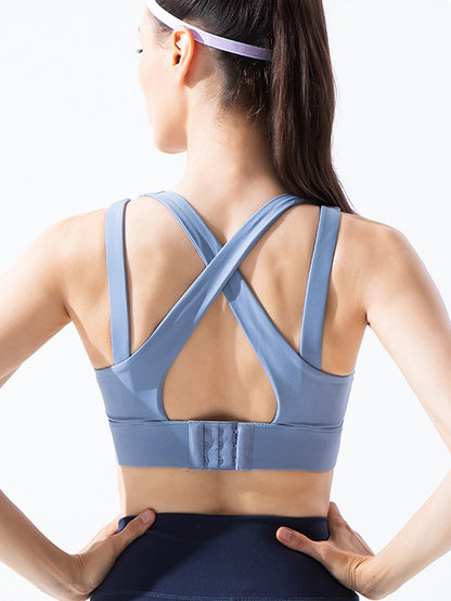 Wrap Back Cross Hollow Solid Color Spaghetti-Neck Sports Bra